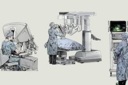 Der Da-Vinci-Operationsroboter beinhaltet eine Chirurgenkonsole, einen Patientenwagen und einen Videowagen.